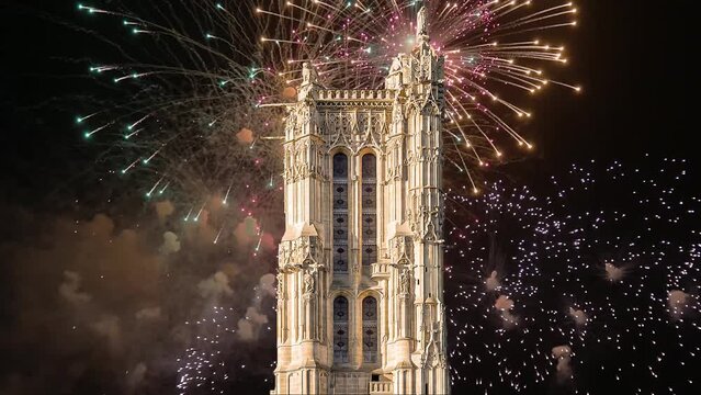 Celebratory colorful fireworks over the Saint-Jacques Tower (Tour Saint-Jacques). Located on Rivoli street, Paris, France. This 52 m Flamboyant Gothic tower (XVI century).  4K, time lapse