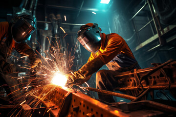 Metal metallurgy factory steel welder heat iron furnace foundry heavy liquid people industrial - obrazy, fototapety, plakaty