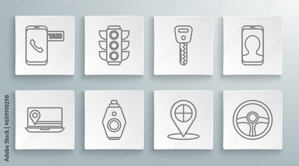 Poster set line laptop with location marker, traffic light, car key remote, map pointer taxi, steering whee
