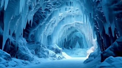 Beautiful blue Ice cave with a tunnel to pass through it. Melting glaciers leave frozen ice caves. Water is frozen into a tube to form a natural grotto. Inside the ice cave on a bright day.