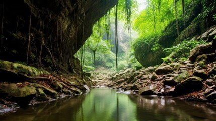 Flooded passage through a grotto in the mountains of a rainforest. Ancient cave of local tribes. Shelter formation in the rocky terrain with stalactites hanging from the top. Famous tourist location