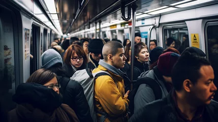 Foto op Aluminium foule de personnes entassées dans un wagon de métro à l'heure de pointe © Fox_Dsign