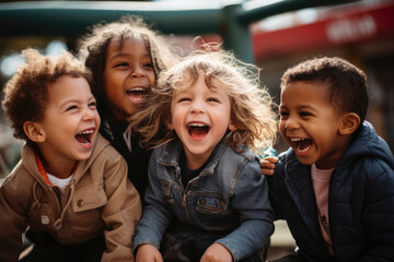 A diverse group of children, various abilities and backgrounds, play joyfully on an inclusive playground, celebrating unity, laughter, and acceptance - obrazy, fototapety, plakaty