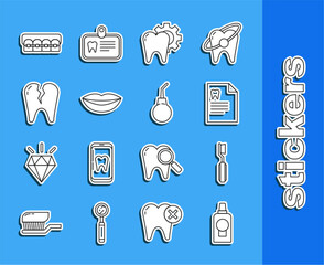 Set line Mouthwash plastic bottle, Toothbrush, Clipboard with dental card, treatment procedure, Smiling lips, Broken tooth, Teeth braces and Enema pear icon. Vector