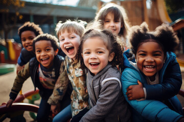 A diverse group of children, various abilities and backgrounds, play joyfully on an inclusive...