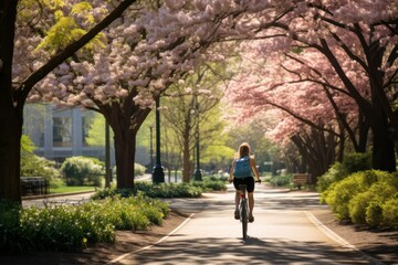 one people are riding bicycles in the park. a walk through the forest and flowering park. healthy lifestyle