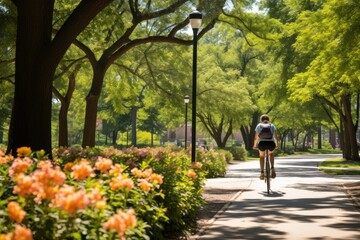 one people are riding bicycles in the park. a walk through the forest and flowering park. healthy lifestyle