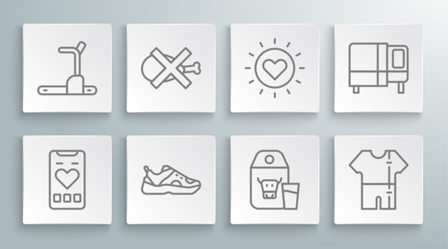 Set line Mobile with heart rate, No meat, Sport sneakers, Paper package for milk, track suit, Sun, Bed and Treadmill machine icon. Vector