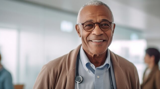 Elderly doctor wearing medical clothes discussing health.