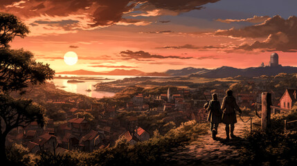 As the sun sets, two figures stroll through the town in the evening light in this peaceful scene.
