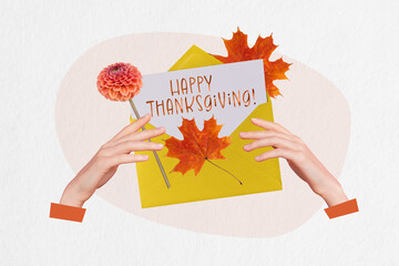 Creative collage image picture of person open letter reading invitation card for thanksgiving...