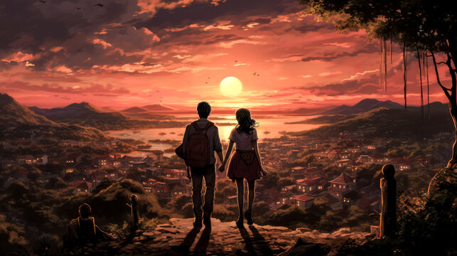 As the sun sets, two figures stroll through the town in the image. The warm light casts a peaceful glow on the scene.