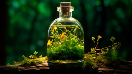 Tincture of herbs and flowers in a bottle. Generative AI. - obrazy, fototapety, plakaty