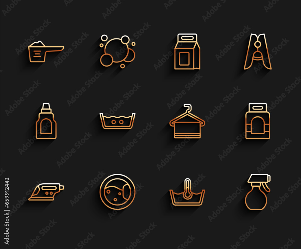 Poster Set line Electric iron, Washer, Washing powder, Temperature wash, Water spray bottle, Laundry detergent and Towel hanger icon. Vector