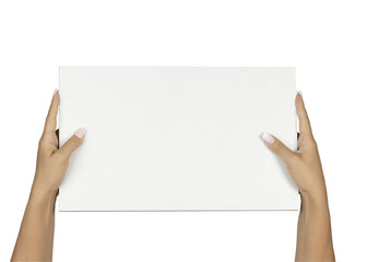 Obraz premium Adult female hands with long square ombre manicured nails, holding up a rectangular white board with copy space. Isolated cutout on a transparent background.