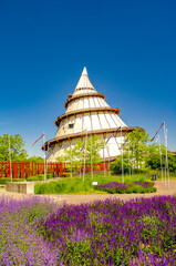 Magdeburg, Germany. Cover page with Japanese garden and science and technology exhibition tower as...