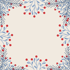 Winter template with plants and berries. Combination of blue and red colors on a beige background