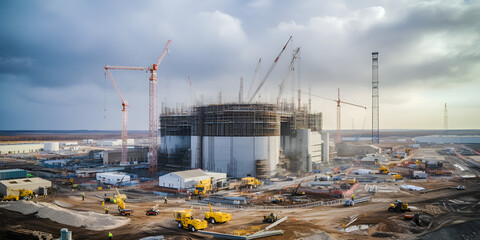construction site with cranes, Construction site of new modern nuclear power plant stock, GENERATIVE AI - obrazy, fototapety, plakaty