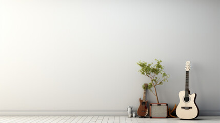 Guitar propped in front of wall as background. Loft interior - obrazy, fototapety, plakaty