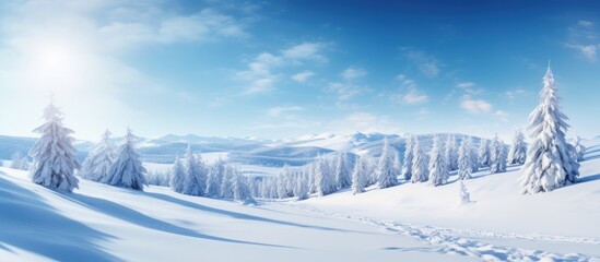 Fototapeta na wymiar Winter mountains with snowdrifts fir trees and sunny skies With copyspace for text