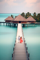 Lovers in the Maldives couple. Generative AI.