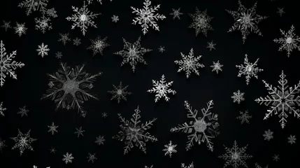 Fotobehang White snowflakes on a black background. Generative AI. © yanadjan