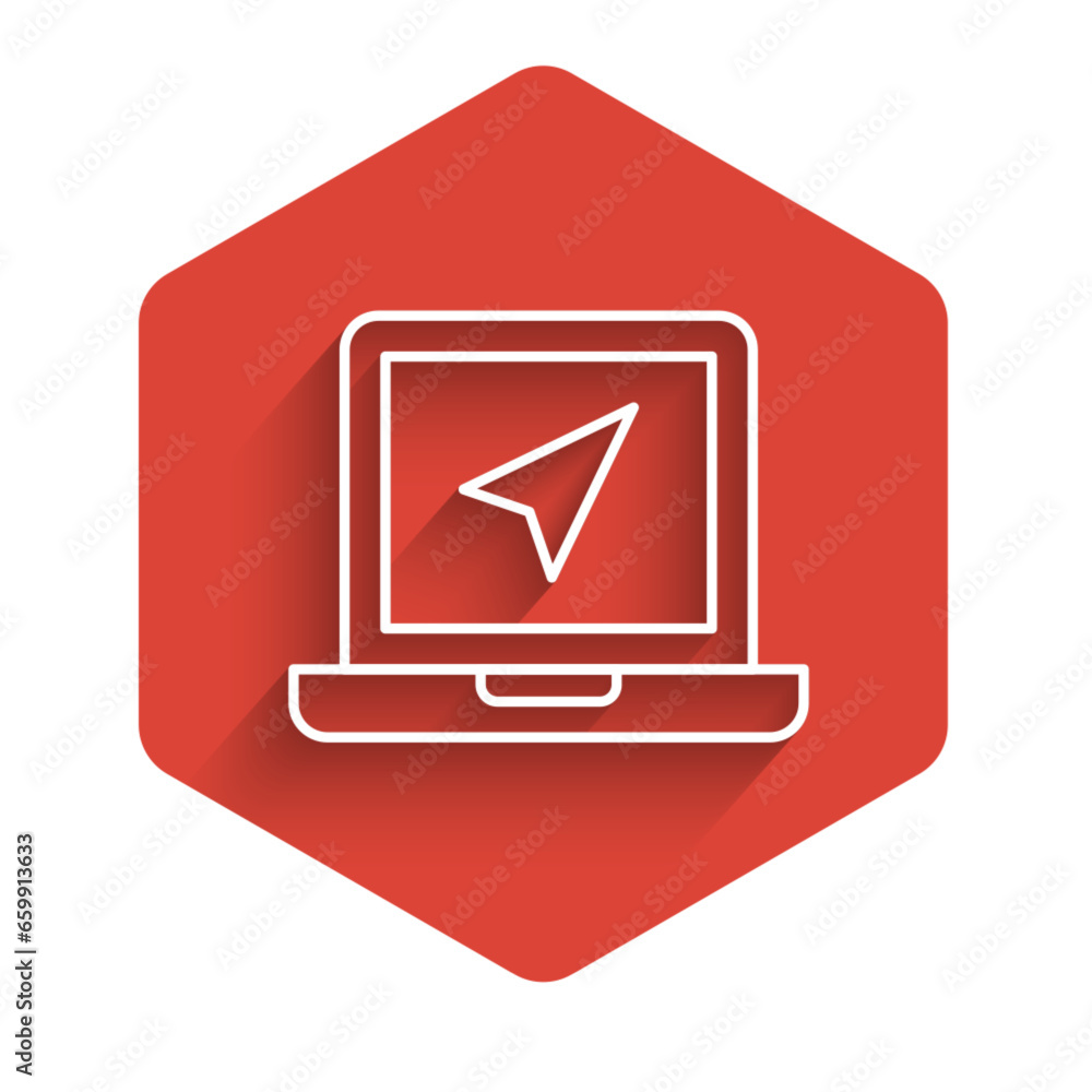 Poster white line laptop with location marker icon isolated with long shadow background. red hexagon button