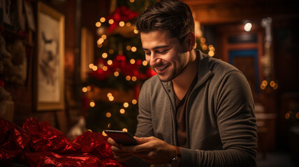 Joven haciendo un pedido de regalos durante las vacaciones de Navidad en casa usando smartphone y tarjeta de crédito. Compras en línea durante las vacaciones, banca por Internet, tienda en línea. - obrazy, fototapety, plakaty
