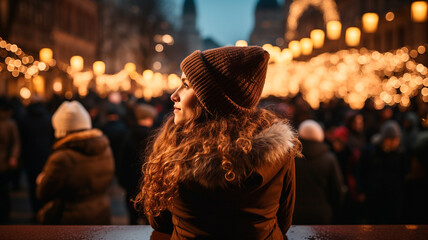 mujer disfrutando de la vista del mercadillo de navidad por la noche en la ciudad. Víspera de navidad - obrazy, fototapety, plakaty