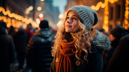 mujer disfrutando de la vista del mercadillo de navidad por la noche en la ciudad. Víspera de navidad - obrazy, fototapety, plakaty
