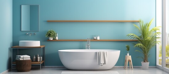 contemporary bathroom with blue walls - obrazy, fototapety, plakaty