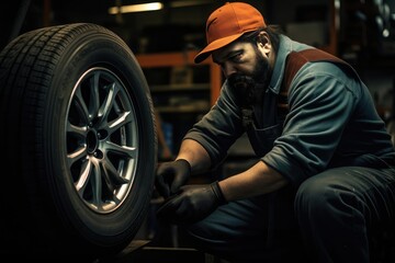 Fototapeta na wymiar Tire shop worker changing a car wheel