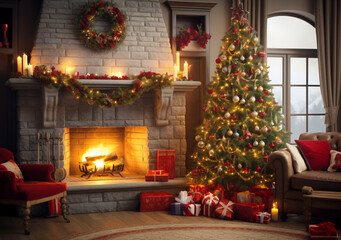 Fototapeta na wymiar beautifully decorated Christmas tree inside the house and lit up with a soft, warm glow during the Christmas season Living room with fireplace, decorated Christmas tree with ornaments and twinkling li