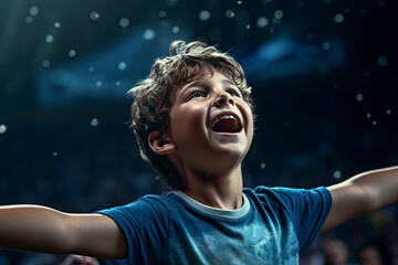 Soccer boy. Junior football or soccer player at stadium in flashlight. Young male sportive model training. Moment of win celebrating. Concept of sport, competition, winning, action, motion, overcoming - obrazy, fototapety, plakaty