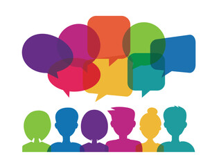 Colorful speech bubble icon and people, communication concept - obrazy, fototapety, plakaty