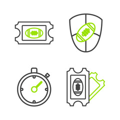 Set line American Football ticket, Stopwatch, and shield and icon. Vector