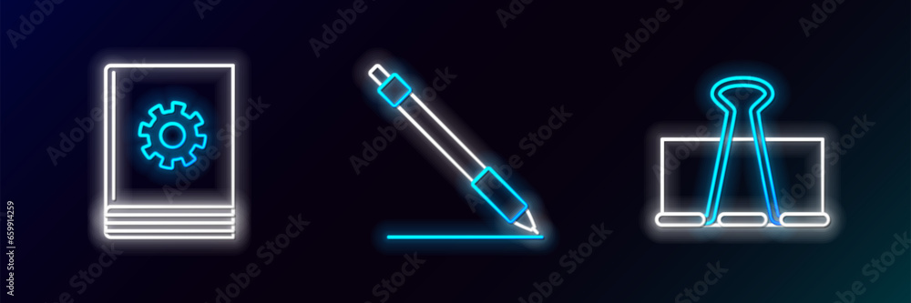 Poster set line binder clip, user manual and pen line icon. glowing neon. vector