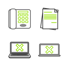 Set line Laptop and cross mark on screen, File document and Telephone icon. Vector