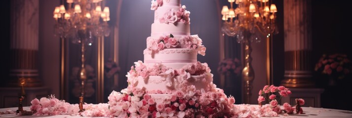 A wedding cake with multiple tiers and a detailed decoration - obrazy, fototapety, plakaty