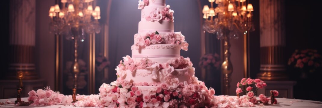 A wedding cake with multiple tiers and a detailed decoration