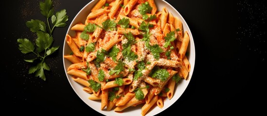 Top view of homemade Penne Alla Vodka with cheese parsley Overhead flat lay With copyspace for text
