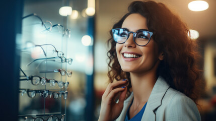 A young woman chooses on glasses in an optics store. - obrazy, fototapety, plakaty
