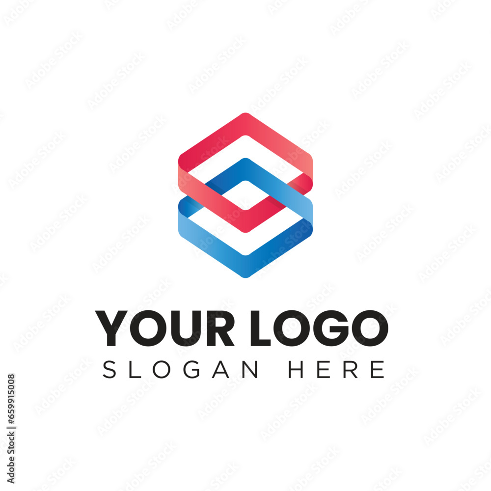 Poster this is a simple geometric logo consists of two square shapes in red and blue color connect with eac