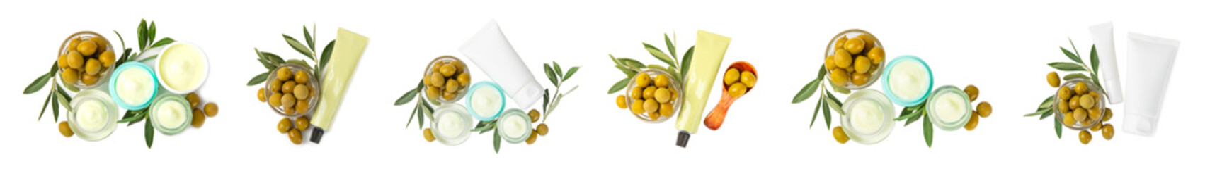 Jar of natural olive cream with olive oil extract isolated on white background. Cosmetic tube. Moisturizing cosmetic cream for skin. Body care. Beauty concept. Hand cream.