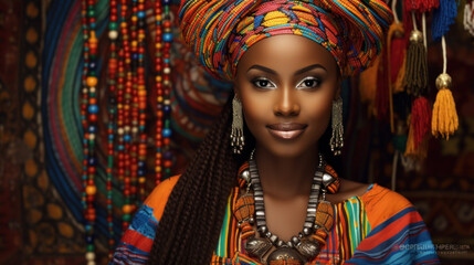 Closeup portrait of young Beautiful African-American female model with beautiful eyes looking away wearing traditional ethnic clothes standing on dark background - obrazy, fototapety, plakaty