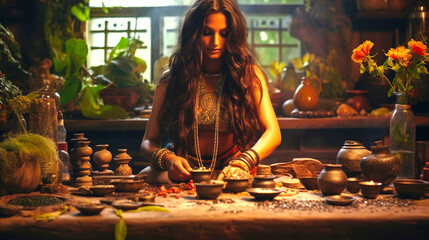 Ayurveda: Harnessing the Power of Ancient Hindu Medicine with Plants and Herbs. - obrazy, fototapety, plakaty