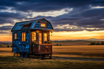 Fototapeta na wymiar A tiny house on wheels is parked in a rural area, representing an alternative lifestyle choice to traditional housing