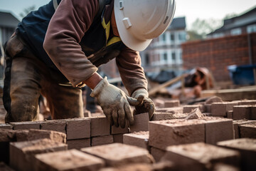 A construction worker is seen placing bricks as he works on building a new residential structure