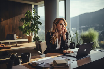 A female real estate agent wearing a business suit sits in her office, discussing fluctuating property values while examining market reports