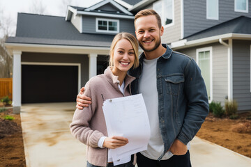 A young couple stands in front of their newly purchased home, holding blueprints and discussing plans for renovation